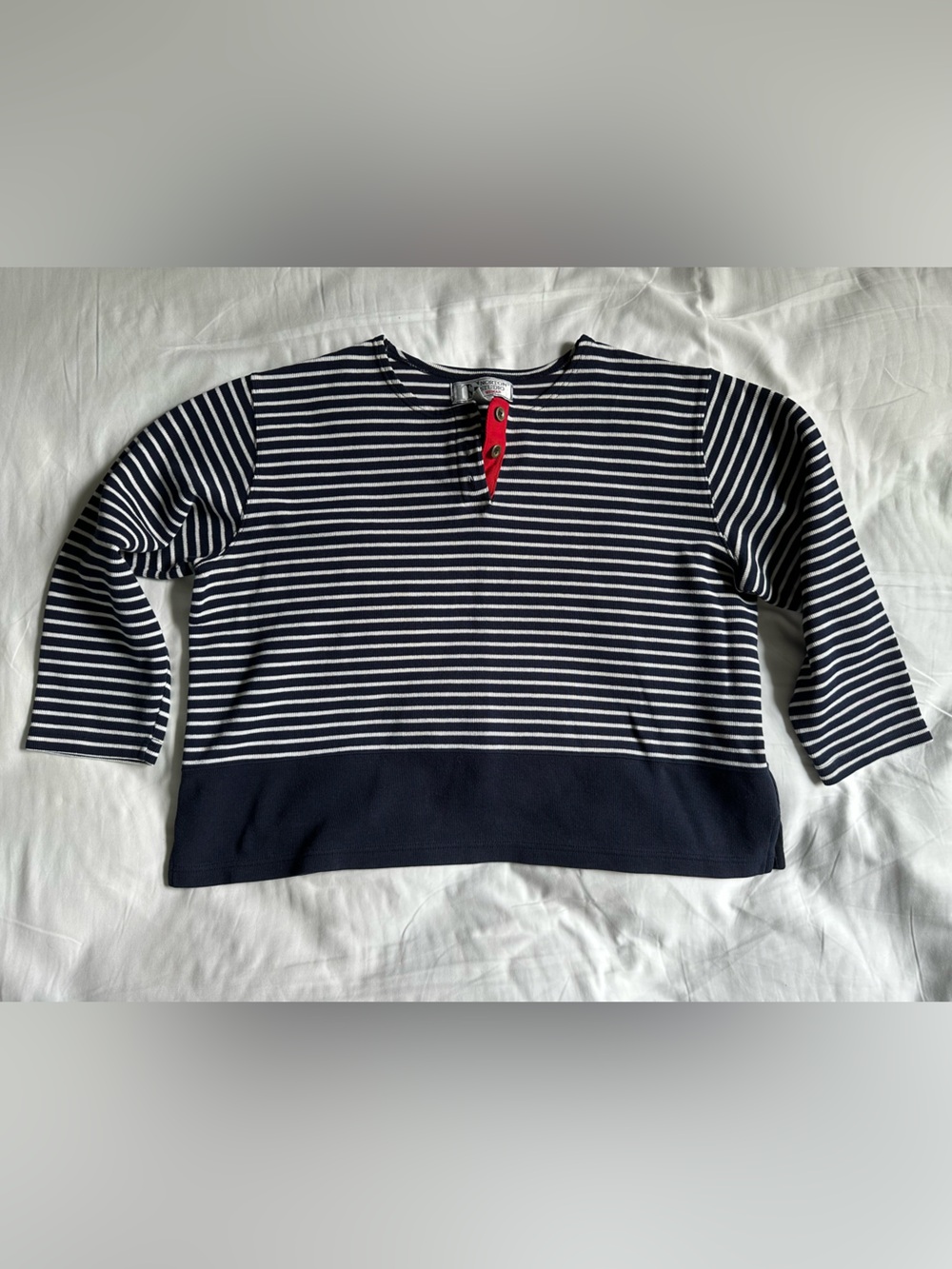 Coastal Striped Navy and White Women's Pullover with Red Button Placket